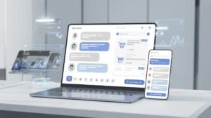 Shopify customer AI sales agent chat interface on laptop and smartphone assisting shoppers in real time.